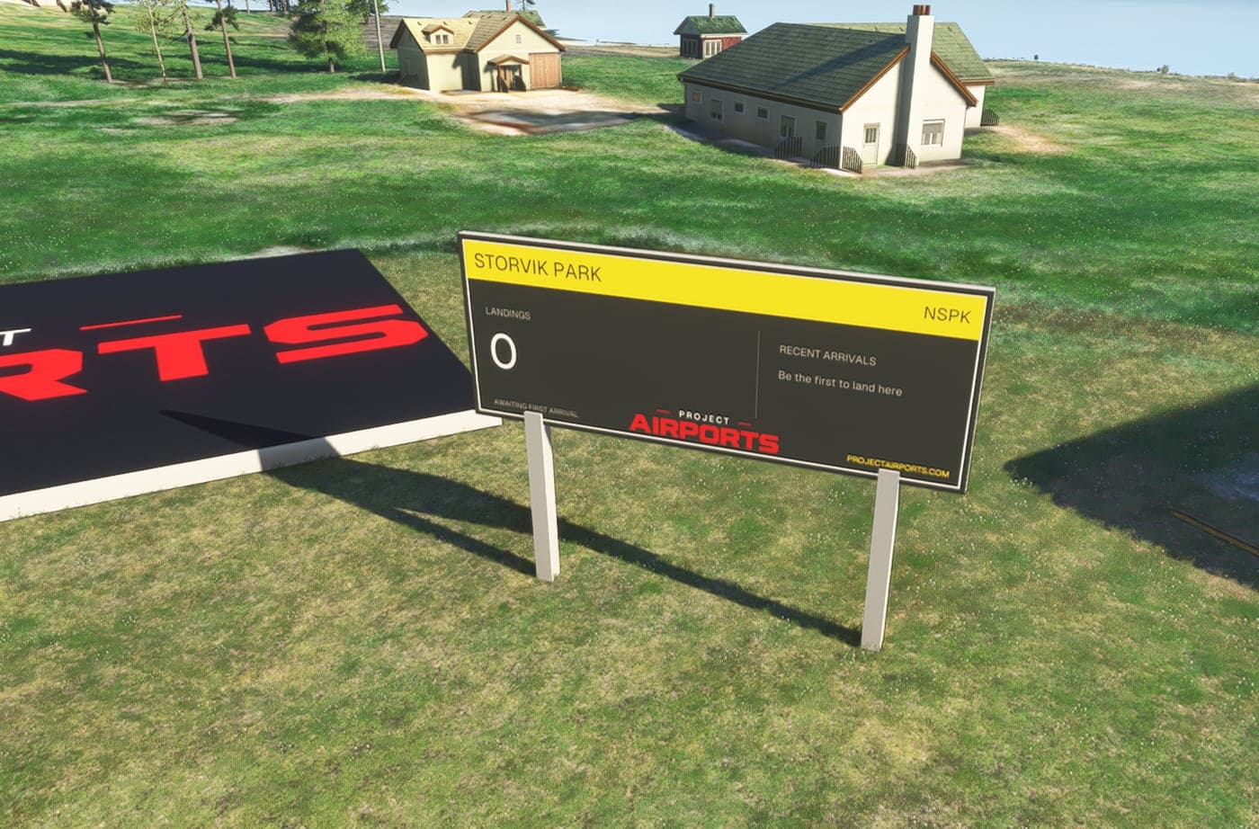 The Project Airports stats sign standing at an airfield in MSFS 2024