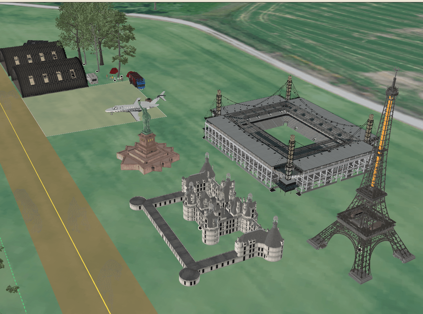Miniature world landmarks placed at an airfield in MSFS 2024