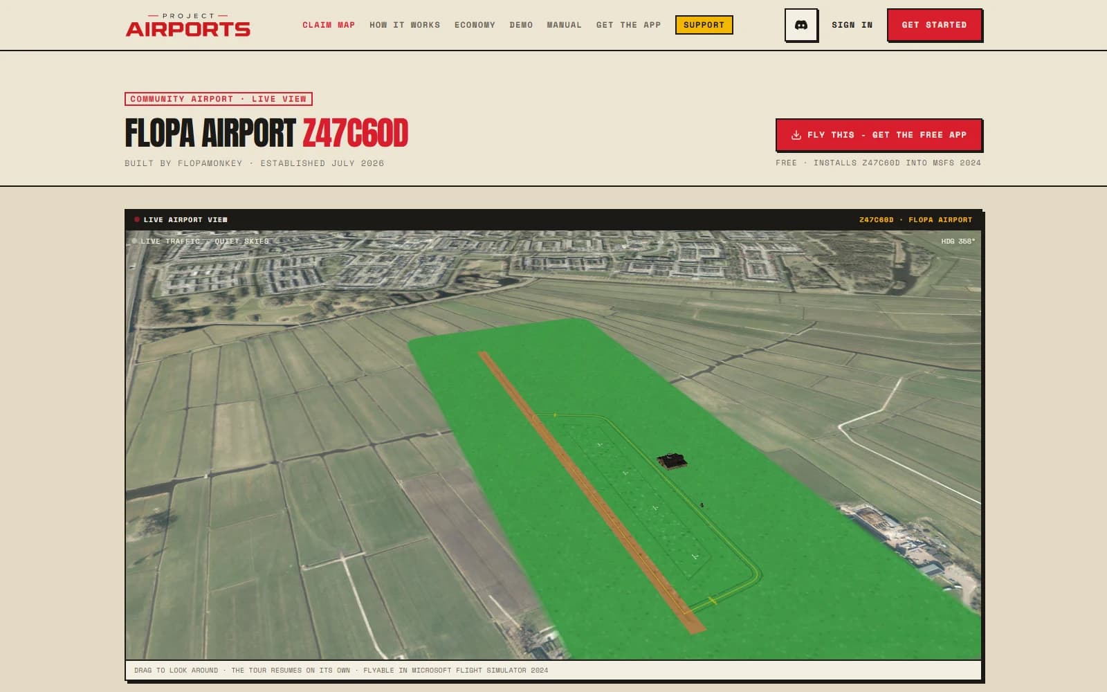A public airport page with the live 3D viewer and stat band