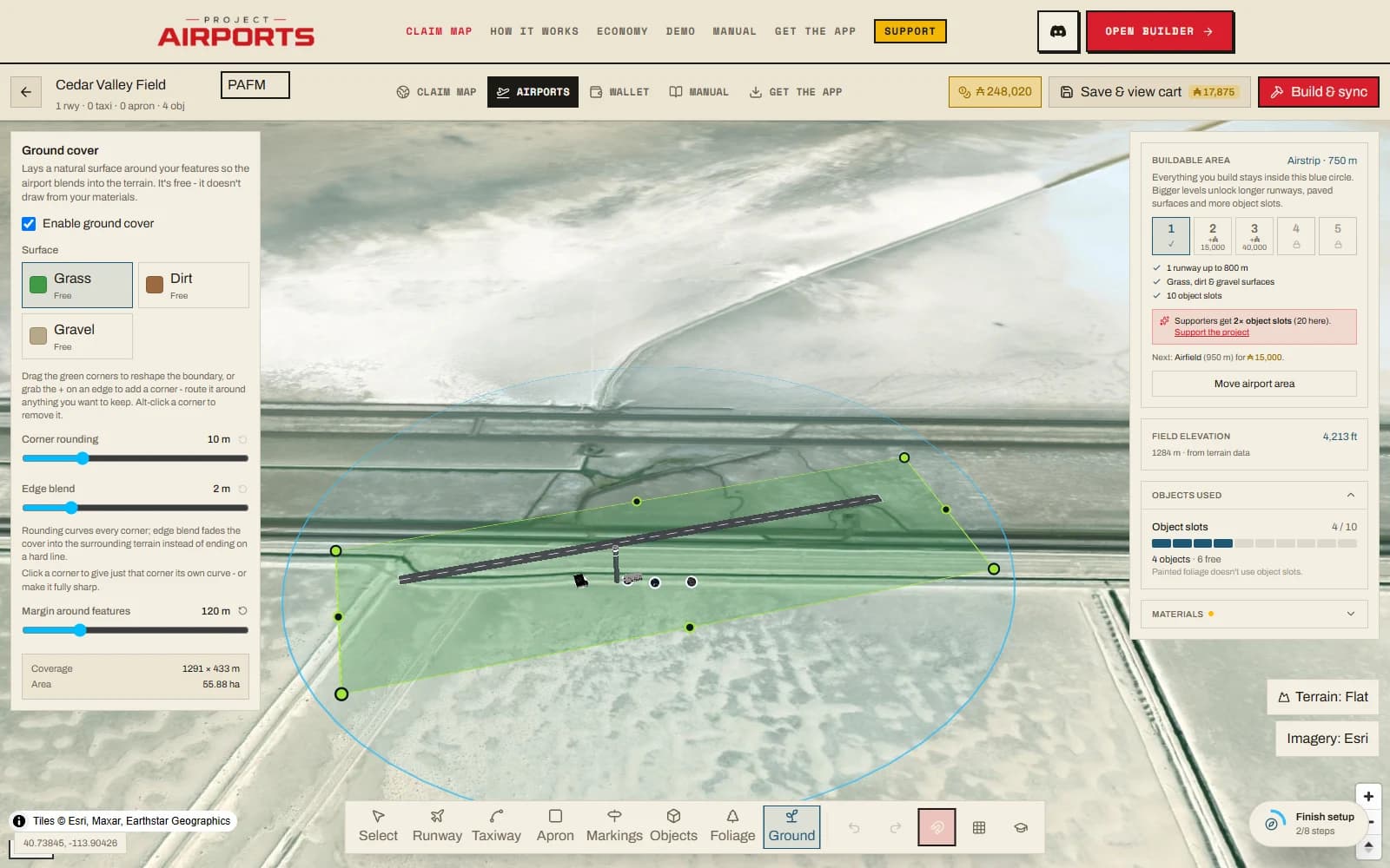 The Ground tool with a ground-cover polygon under the airport