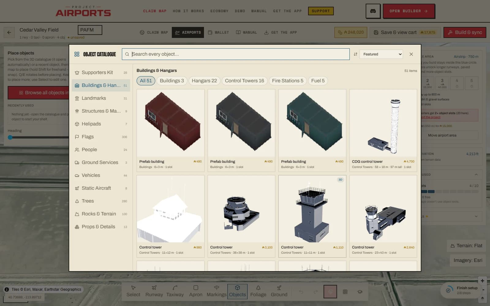 The full-screen object catalogue with live 3D previews