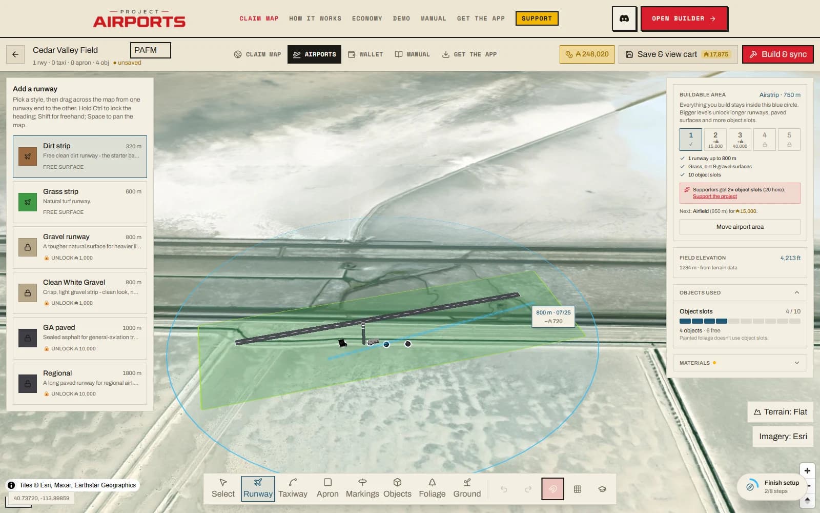 Dragging a runway across the map with the live length and cost tag