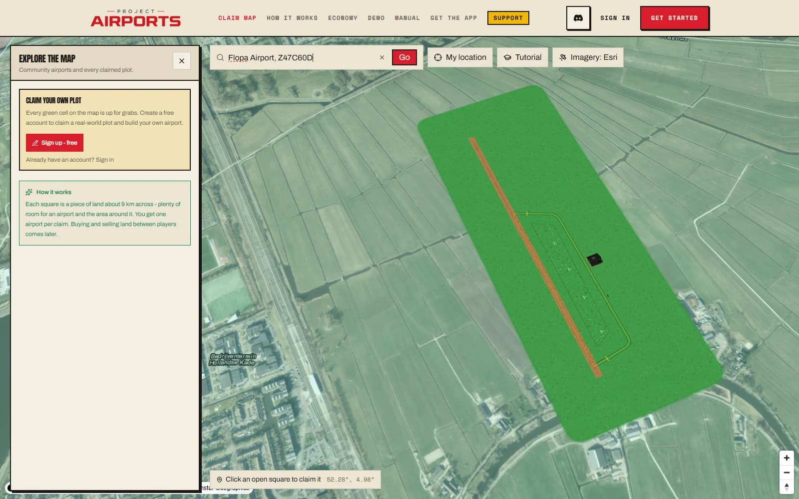 A built airport rendered in detail on the Claim Map