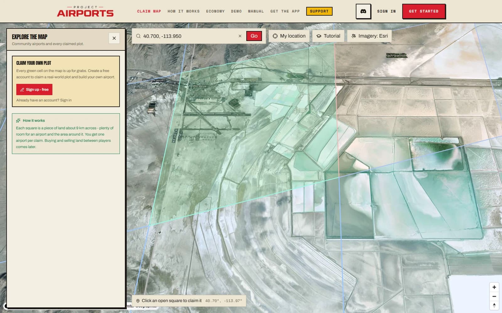 The Claim Map zoomed to the claim grid with a claimed cell tinted