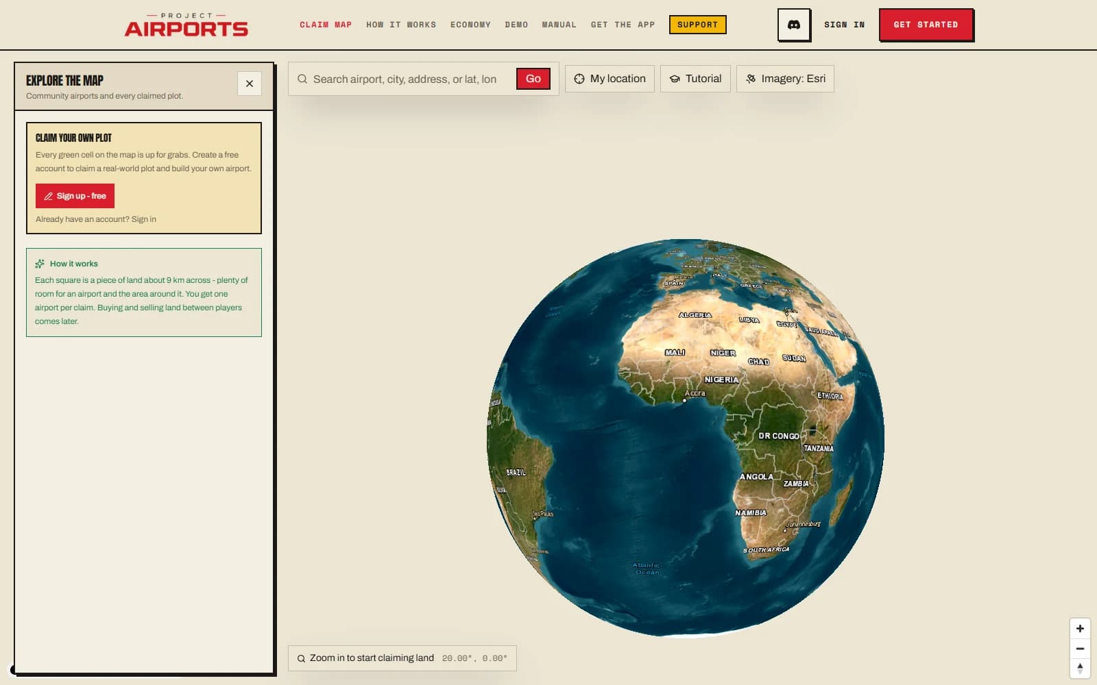 The Claim Map's opening view: a satellite globe