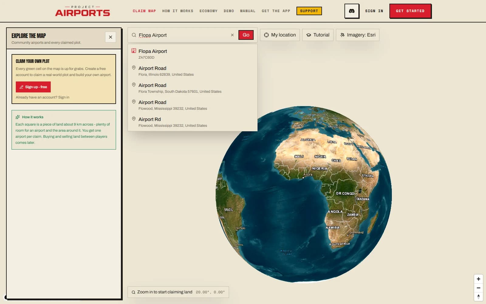 The Claim Map search bar showing place and airport results