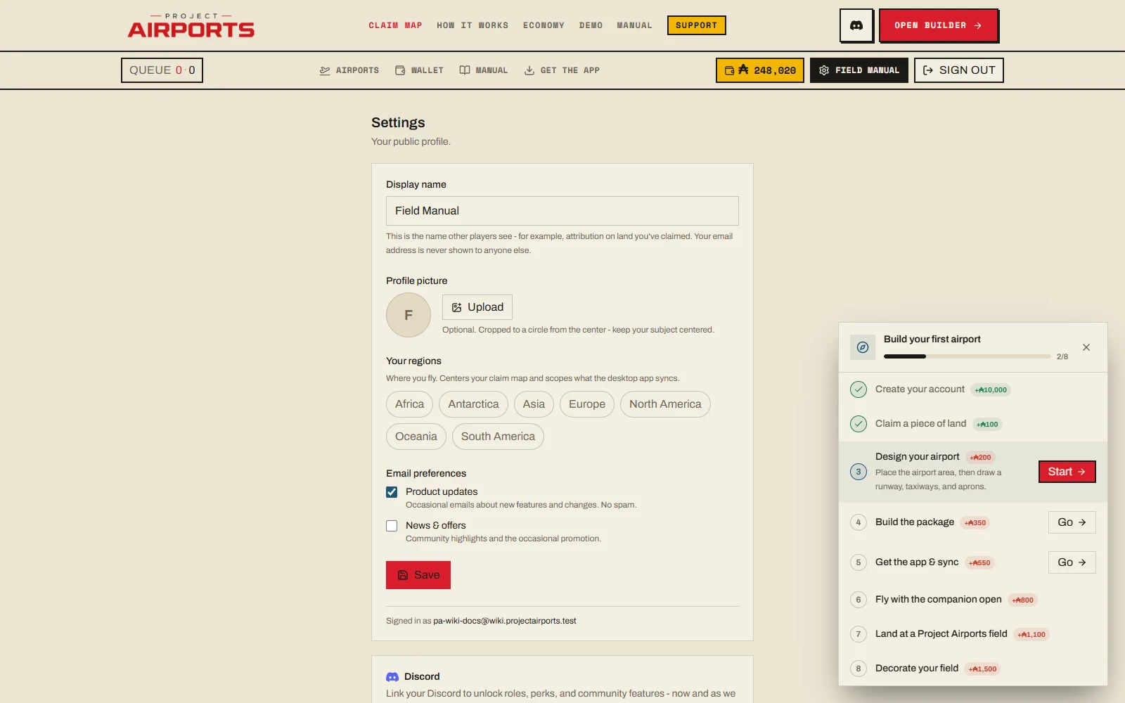 The account settings page