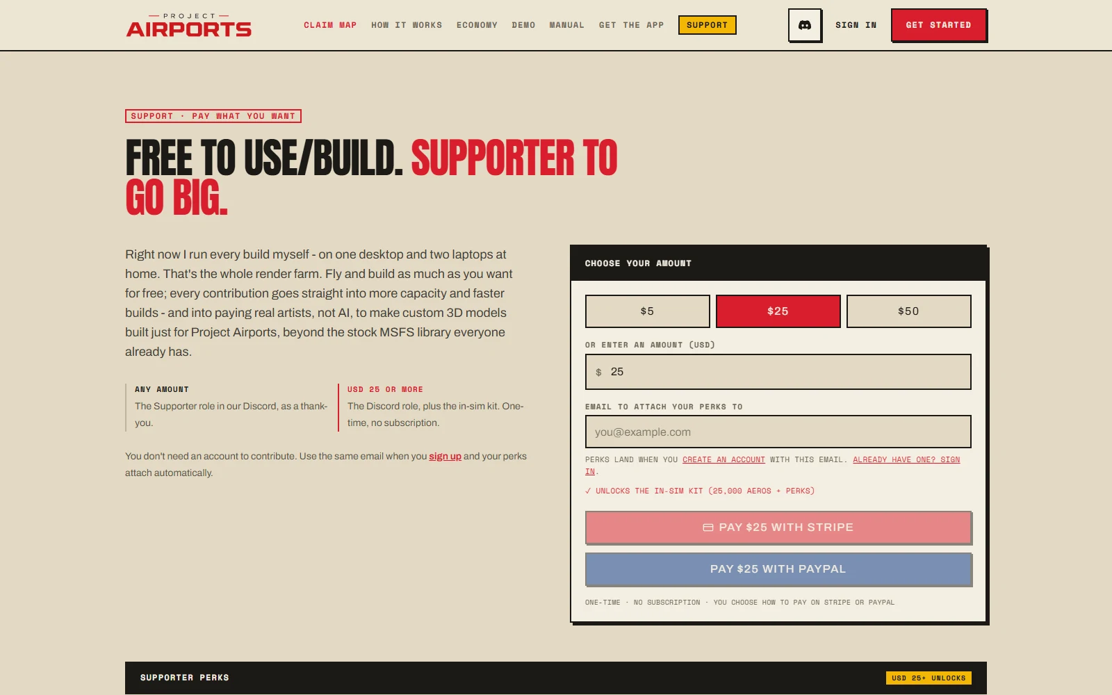 The Supporter page with pay-what-you-want presets
